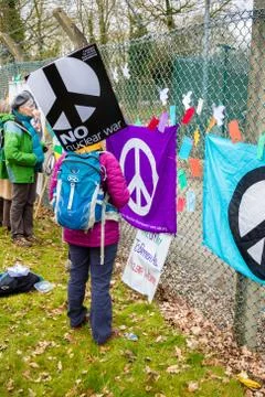 Protesters gather outside the main gate to the AWE, Aldermaston UK Stock Photos