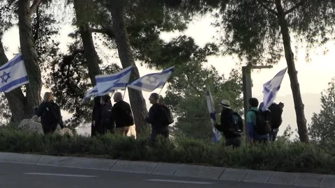 Protesters holding Israeli flags with sunset in background Video stock 237083595