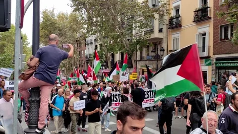 Protesters Marching Through Madrid in Solidarity with Palestine Stock Footage 253179526