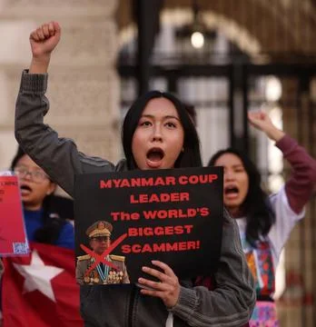 Protesters from Myanmar Unity Movement hold rally in London, United Kingdom - 07 Stock Photos