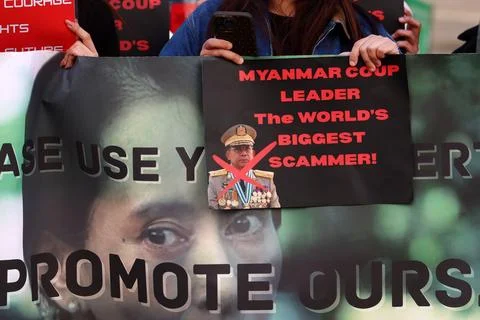 Protesters from Myanmar Unity Movement hold rally in London, United Kingdom - 07 Stock Photos