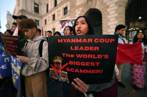 Protesters from Myanmar Unity Movement hold rally in London, United Kingdom - 07 Stock Photos