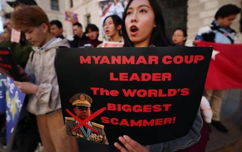 Protesters from Myanmar Unity Movement hold rally in London, United Kingdom - 07 Stock Photos