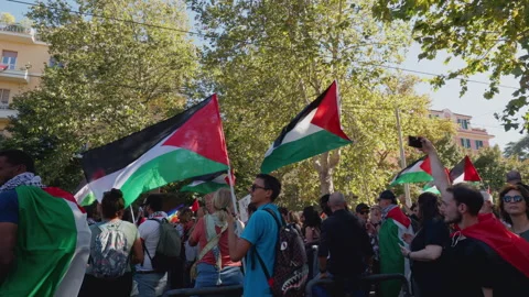 Protesters with Palestinian Flags at Street Demonstration in Rome, Italy, 2025 Stock Footage 319027638
