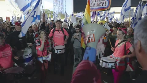 Protesters play drums during demonstration against the judicial reform Stock-Footage 236213134