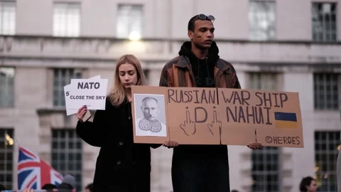 Protesters at Protest against Putin Invasion of Ukraine, London Stock Footage 171141875