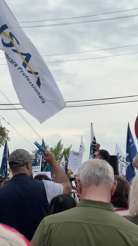 Protesters at a province-wide day of protest against the UCP 스톡 동영상 336105786