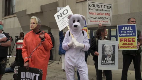 Protesters Show Support for Julian Assange at Extradition Trial at Old Bailey Stock Footage 138878480