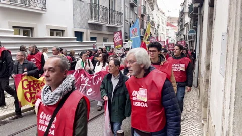 Protesters Taking to the Streets in Lisbon Against Employment Reforms, Portugal Stock Footage 325974448
