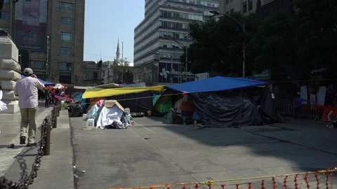 Protesters tents in the central square of mexico city Stock Footage 166533709