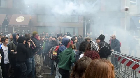 Protesters throw firecrackers and try to break through police barrier fences 스톡 동영상 98405951