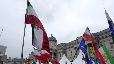 Protesters in Trafalgar Square rally with flags calling for a monarchy in Stock Footage 291781785