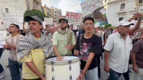 Protesters in Tunis demand release of four Sumud Flotilla members, Túnez, TN - 1 Stock Footage 345932064