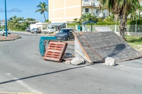 Protesters use debris to block the main road on french Saint Martin. The Main Stock Photos
