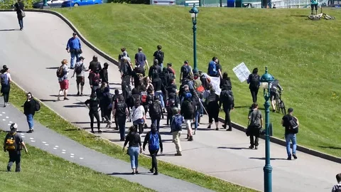 Protesters walking in vast grass field Stock Footage 95266663