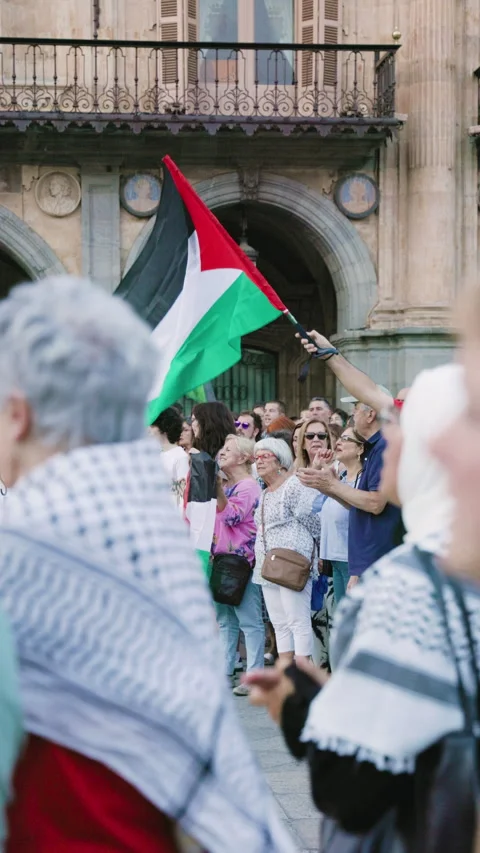 Protesters wave Palestinian flag and chant during demonstration Stock Footage 317387281