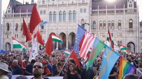 Protesters Waving Flags in front of the Parliament in Hungary Stock Footage 88906080