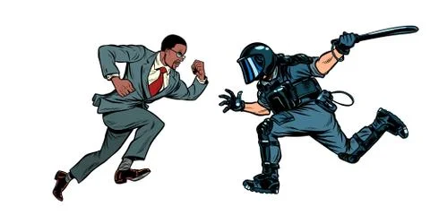 Protesting african man. the rights of blacks. riot police with a baton Stock Illustration