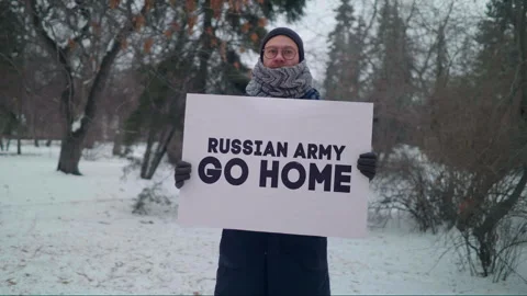 Protesting Against Ukraine Country Attack With Banner Russian Army Go Home Stock Footage 248272982