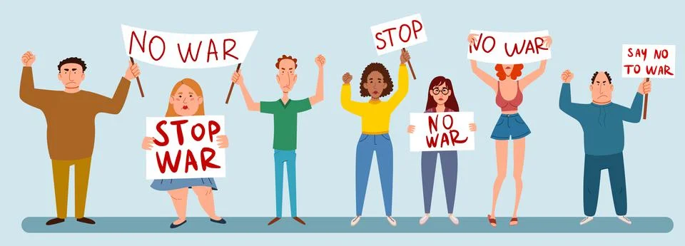 Protesting crowd of people with posters No to war. vector illustration Stock Illustration
