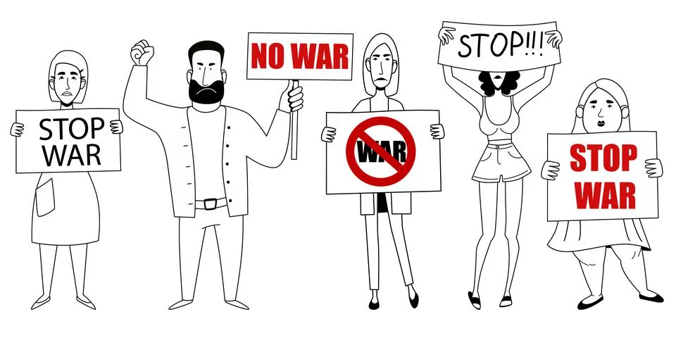 Protesting crowd of people with posters No to war. vector illustration Stock-Illustration