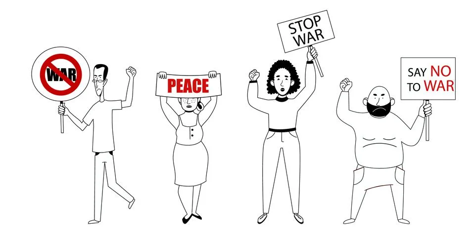 Protesting crowd of people with posters No to war. vector illustration Stock Illustration