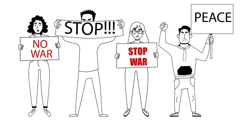 Protesting crowd of people with posters No to war. vector illustration Stock Illustration