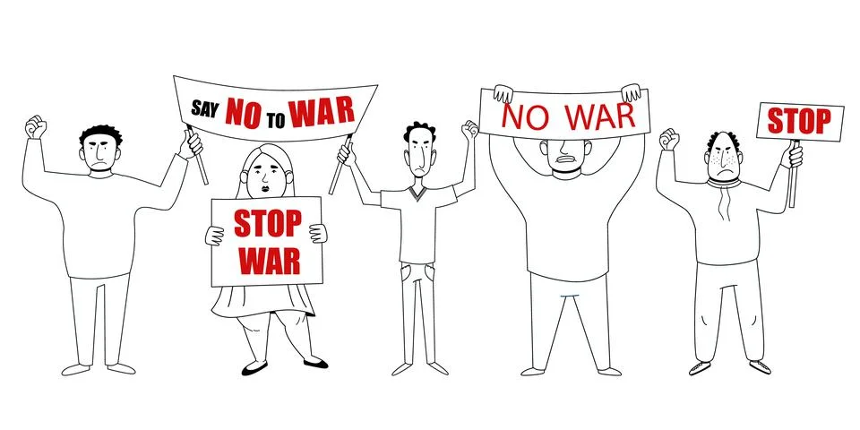 Protesting crowd of people with posters No to war. vector illustration Stock Illustration