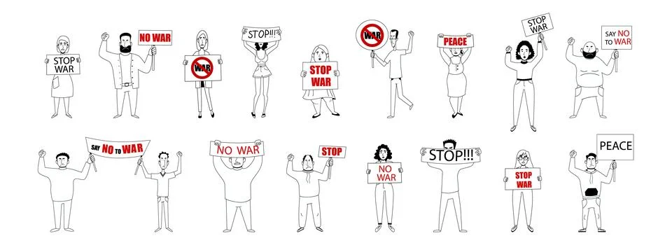 Protesting crowd of people with posters No to war. vector illustration Stock Illustration