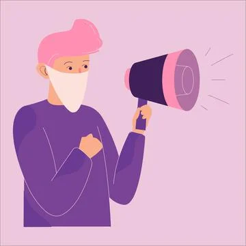 Protesting Masked Man With Glasses Holding A Loudspeaker Illustration. Stock Illustration
