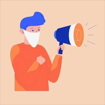 Protesting Masked Man With Glasses Holding A Loudspeaker Illustration. Stock Illustration