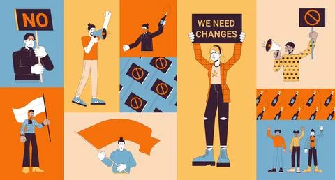 Protesting movement bento grid illustration set Stock Illustration