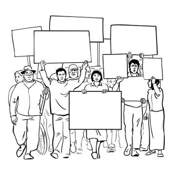 Protesting people with blank signs. Crowd with empty banners. Mass demonstration Stock Illustration
