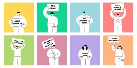 Protesting people. Cute characters holding placards with peace lettering. Stu Illustrazione stock
