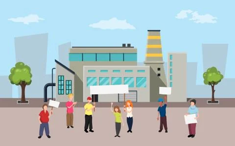 Protesting people on factory background. Activists with posters at the picket Stock Illustration