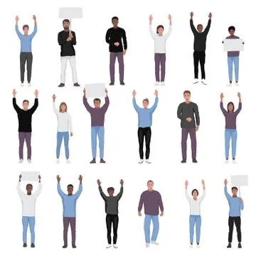 Protesting people with hands up vector set Stock Illustration