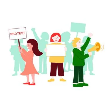 Protesting people or activists holding posters, signs and megaphone, crowd Illustrazione stock