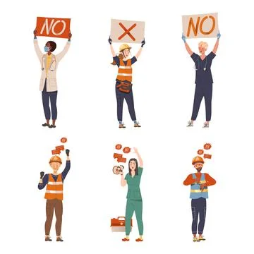 Protesting working class people with placards set. Protesters on working strike Stock Illustration