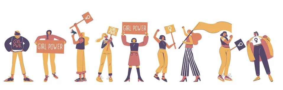 Protesting young women, vector flat isolated illustration Stock Illustration
