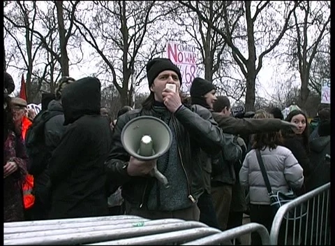 Protestor on Magaphone Anti-War Protest London  15th Feb 2003 Stock Footage 238354257