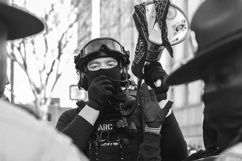 Protestor using a megaphone Stock Photos