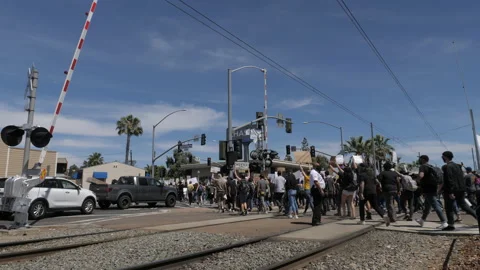 Protestors Cross Tracks 库存影片 131457139