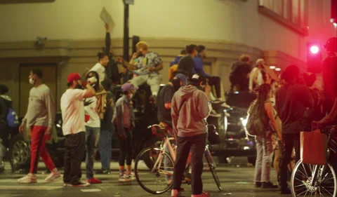 Protestors hollywood at night Stock Footage 142441657