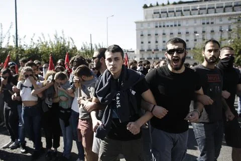 Protests against government's omnibus development draft law in Athens, Greece -  Stock Photos