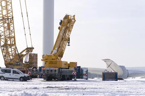 Protivanov Czech Rep 2-7-2019 Wind turbine rototor is being repaired on a winter Stock Photos