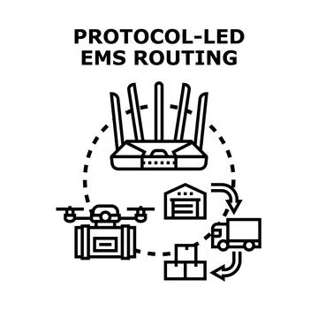 Protocol led ems routing concept delivering packages with drone Stock Illustration