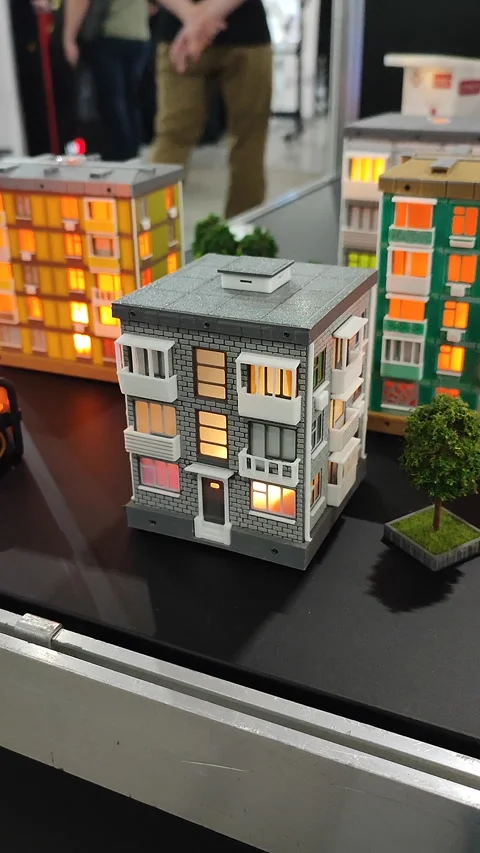 Prototype building printed 3D printer melted plastic 3Dprinted building Vertical Stock Footage 317853564