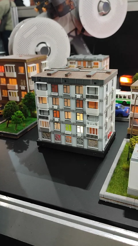 Prototype building printed 3D printer melted plastic 3Dprinted building Vertical Stock-Footage 317853597