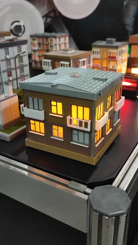 Prototype building printed 3D printer melted plastic 3Dprinted building Vertical Stock Footage 317853846