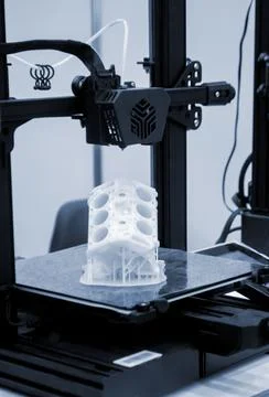 Prototype car engine printed 3D printer molten white plastic on working surface Stock Photos